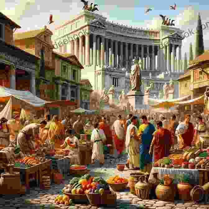 A Bustling Roman Marketplace, With People Bartering And Trading Goods, Meg Mog Sitting In The Foreground. Meg And The Romans (Meg Mog)